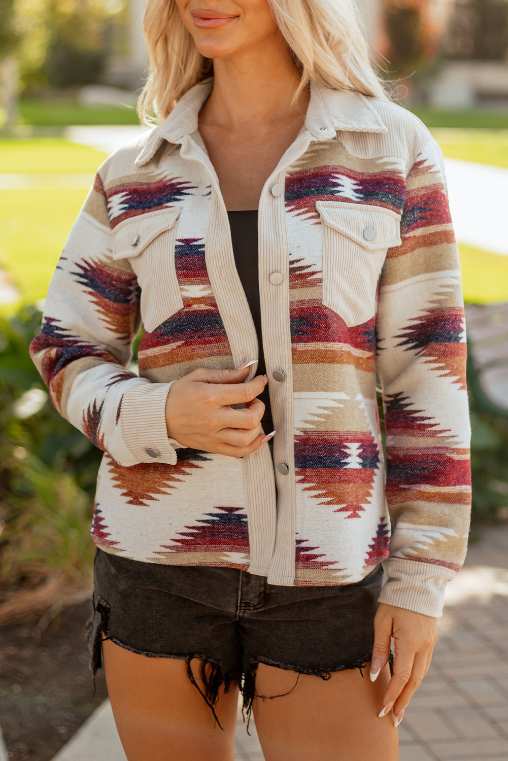 Multicolour Western Aztec Ribbed Patchwork Double Flap Pocket Raw Hem Shacket