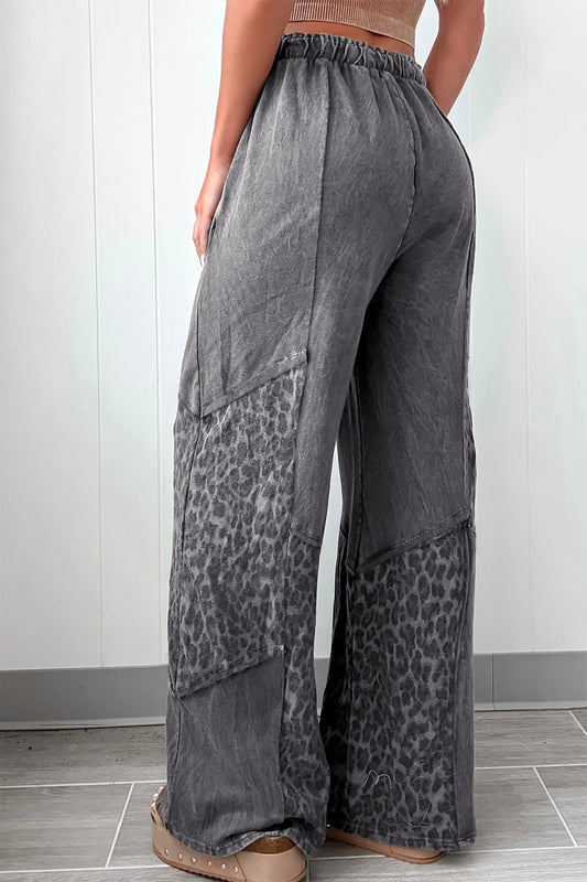 Dark Grey Mineral Wash Leopard Patchwork Loose Pants