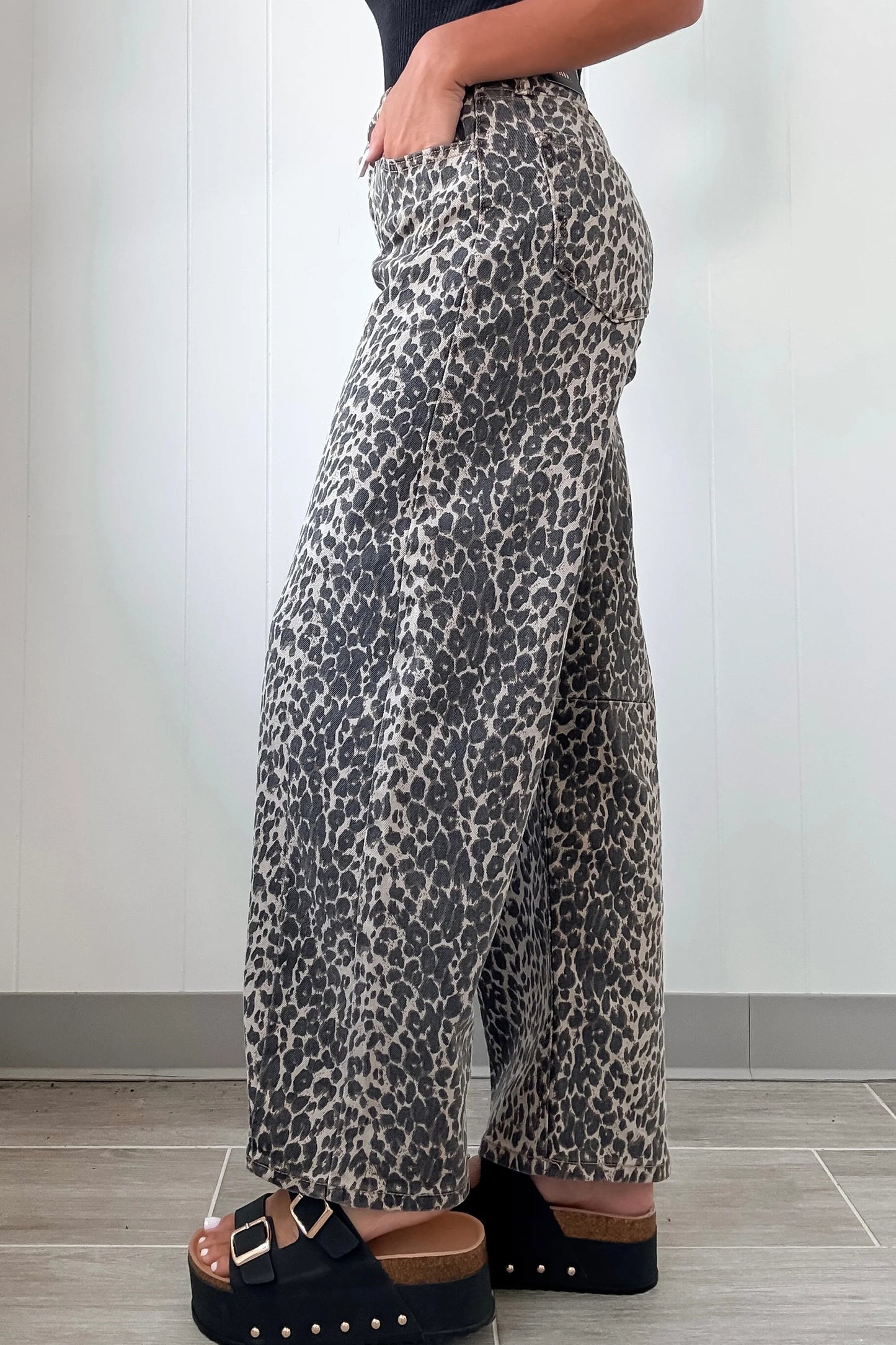 Black Leopard Print High Waist Barrel Jeans