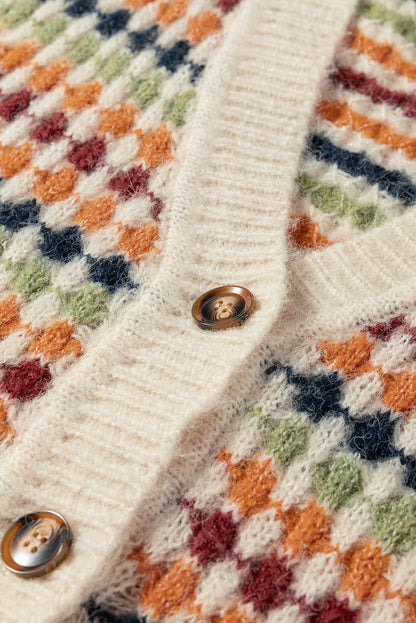 Multicolour Dotty Pattern Knit Button Front V Neck Sweater Cardigan