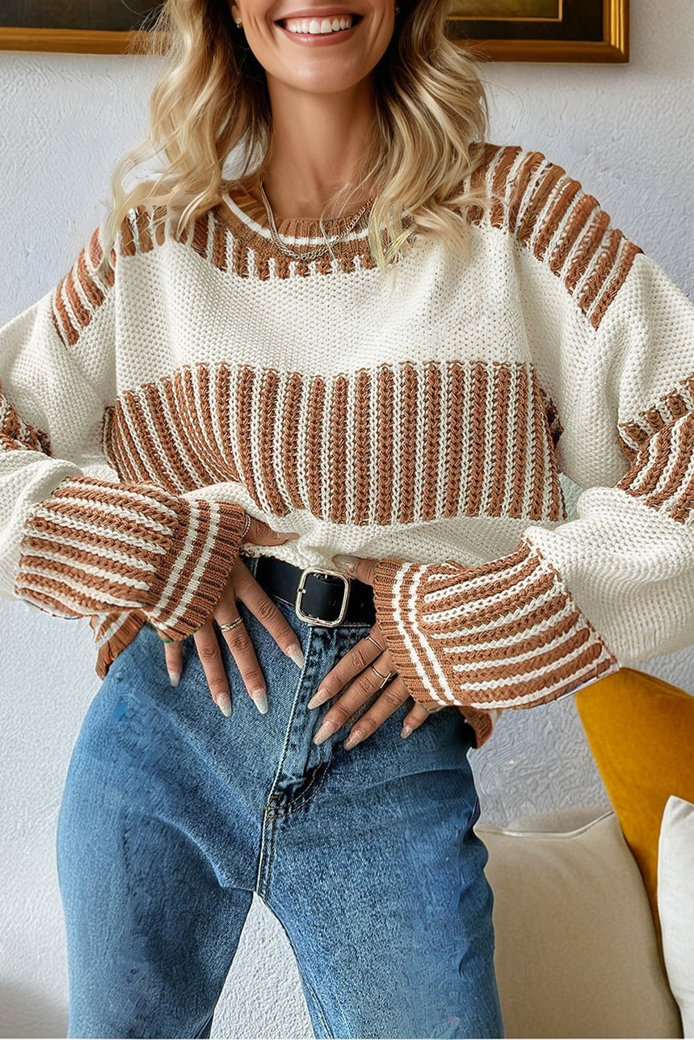 Khaki Two Tone Striped Patchwork Drop Shoulder Loose Sweater