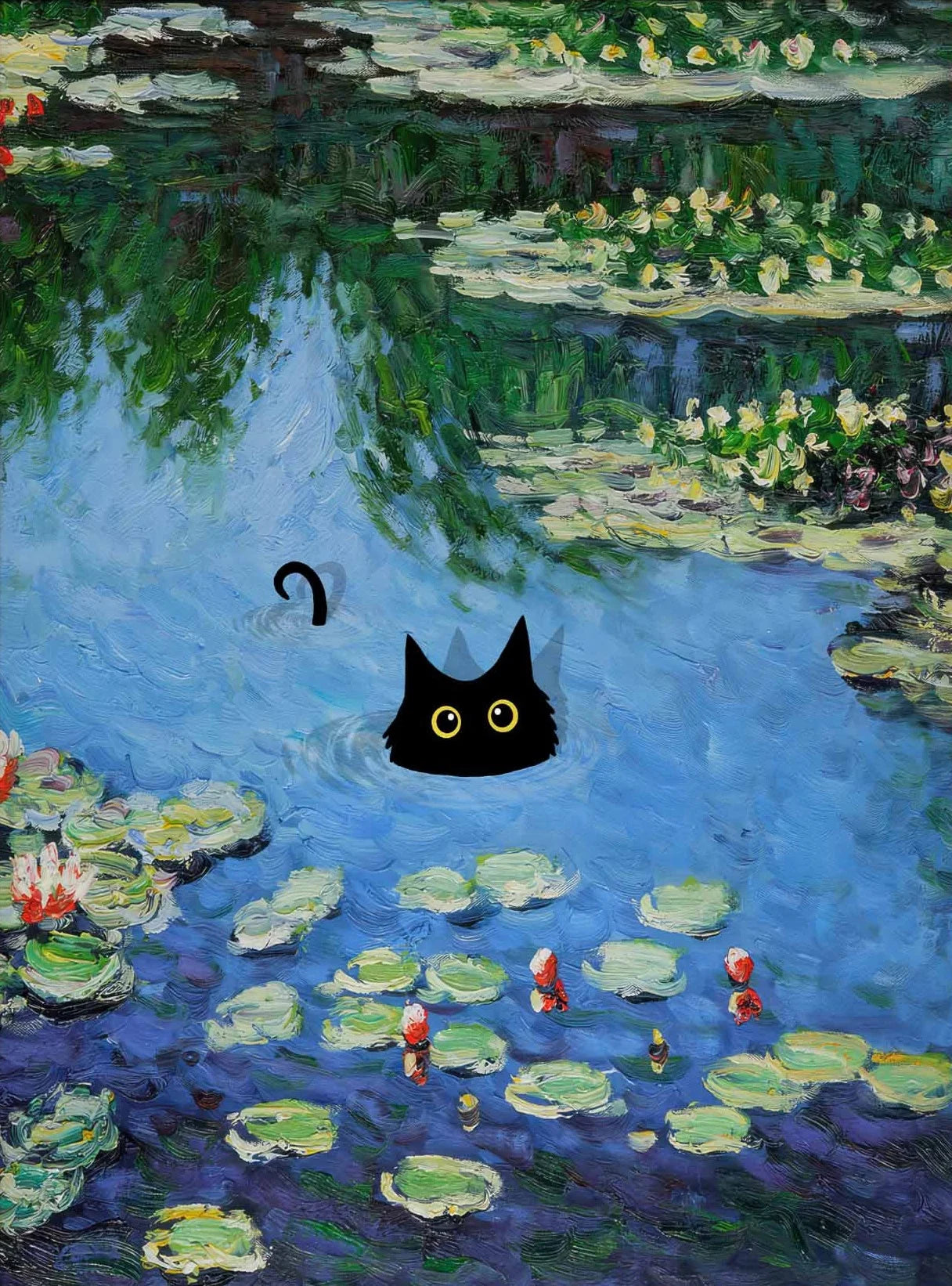 Monet Inspired Black Cat Canvas Painting | Wall Art for Cat Lovers