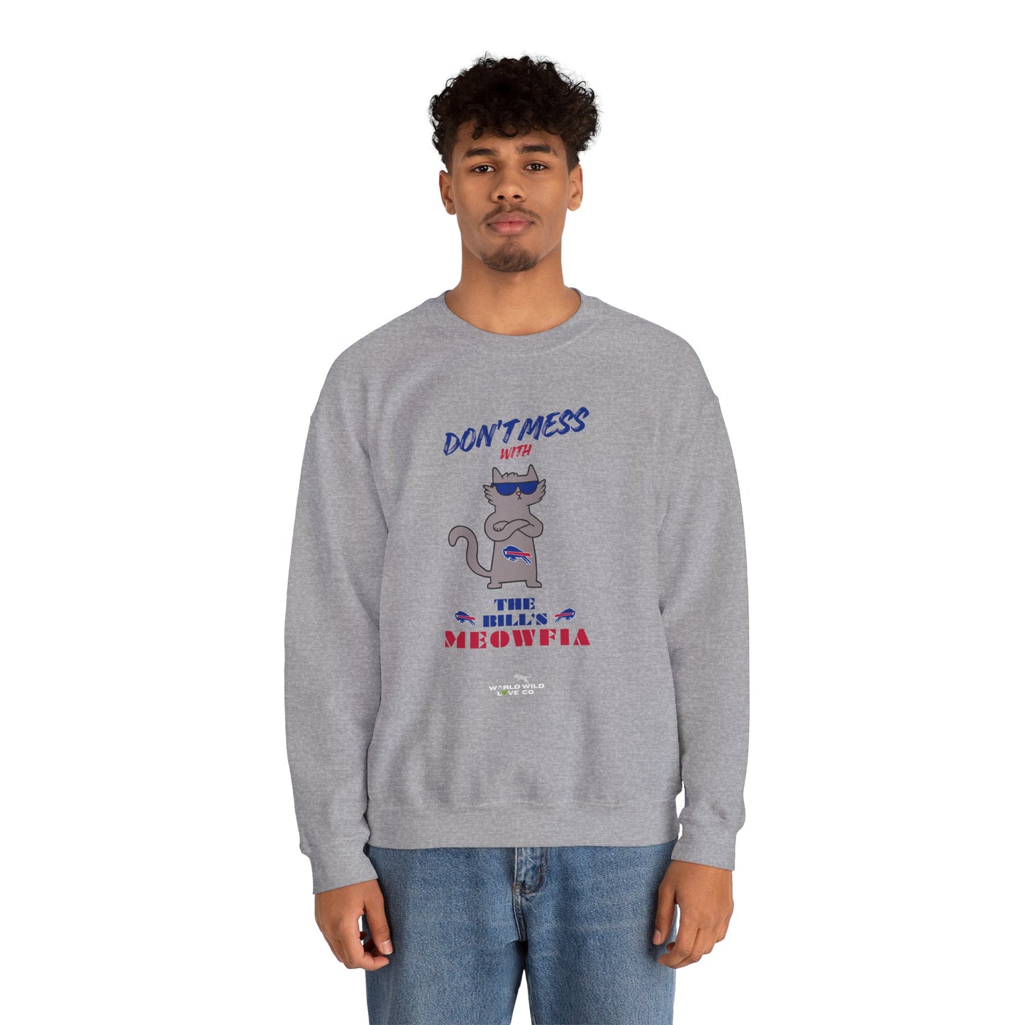 Buffalo Bills "Meowfia" Unisex Crewneck| Fun Classic Eco-Friendly Apparel that Supports Animal Welfare