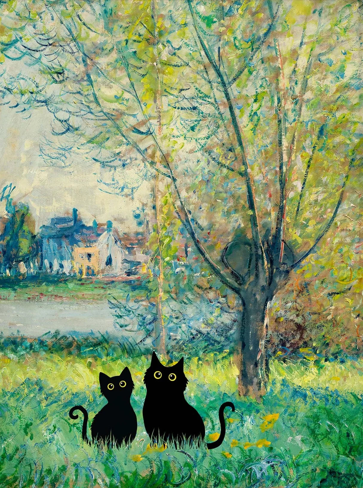 Monet Inspired Black Cat Canvas Painting | Wall Art for Cat Lovers
