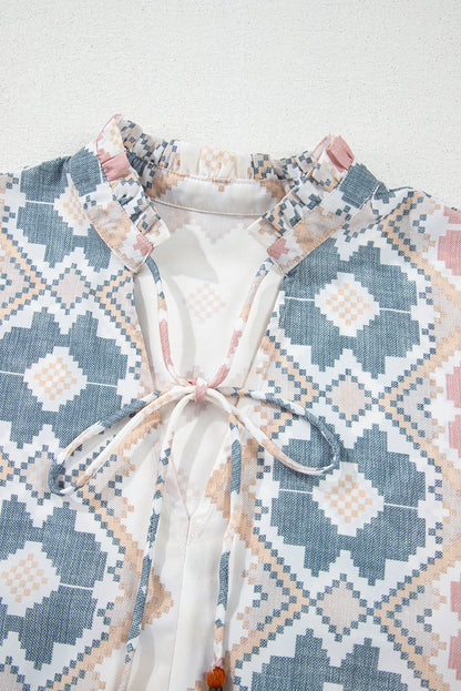 Khaki Geometric Print Split Neck Balloon Sleeve Blouse