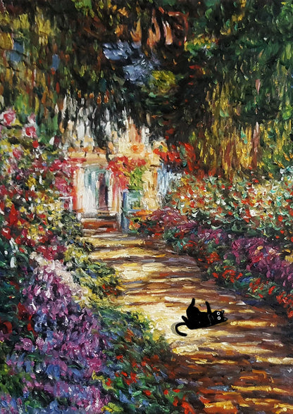 Monet Inspired Black Cat Canvas Painting | Wall Art for Cat Lovers