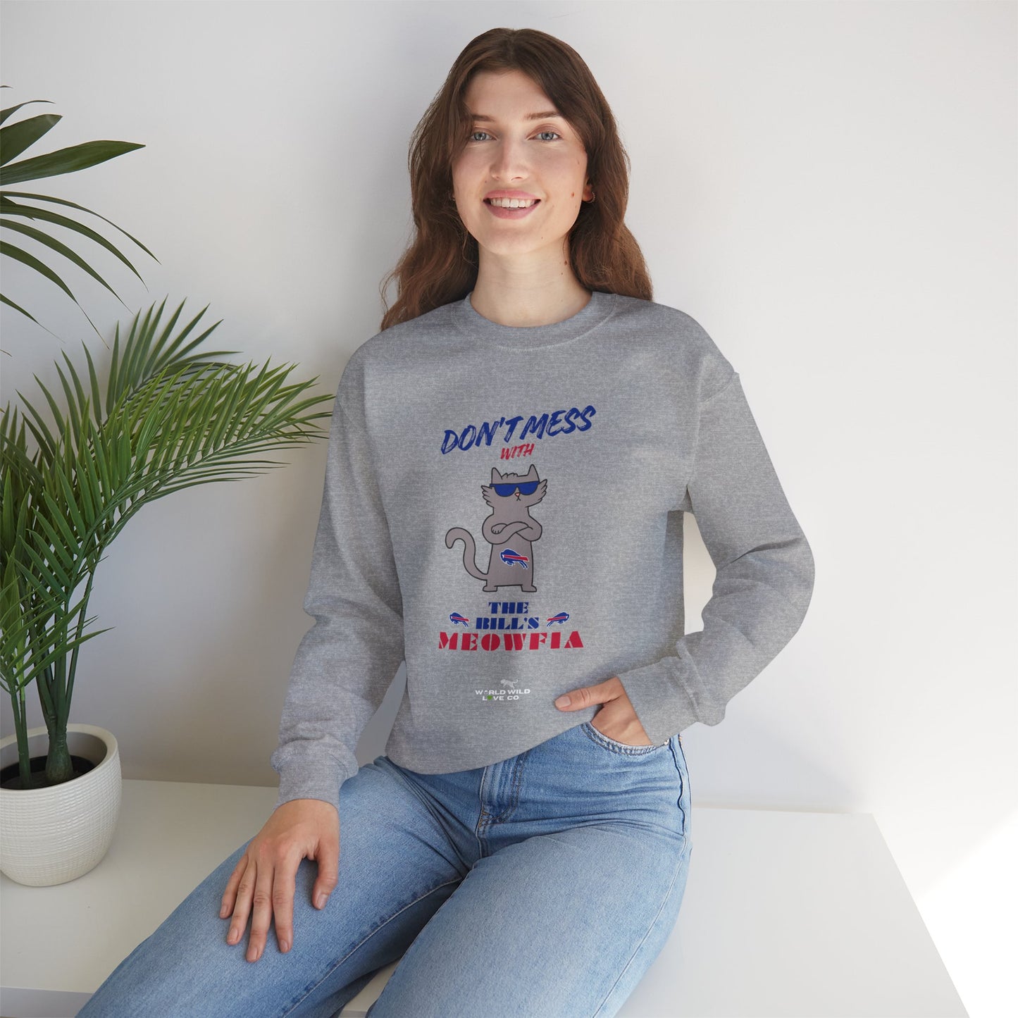Buffalo Bills "Meowfia" Unisex Crewneck| Fun Classic Eco-Friendly Apparel that Supports Animal Welfare