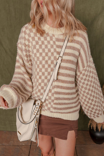 Khaki Stripe Checkerboard Drop Shoulder Balloon Sleeve Sweater