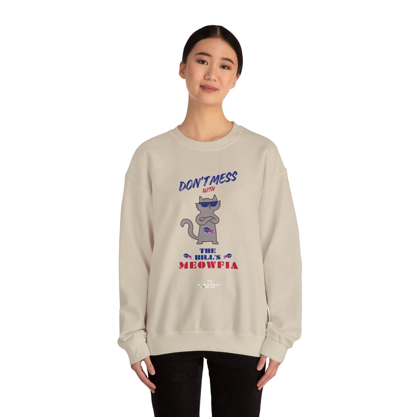 Buffalo Bills "Meowfia" Unisex Crewneck| Fun Classic Eco-Friendly Apparel that Supports Animal Welfare