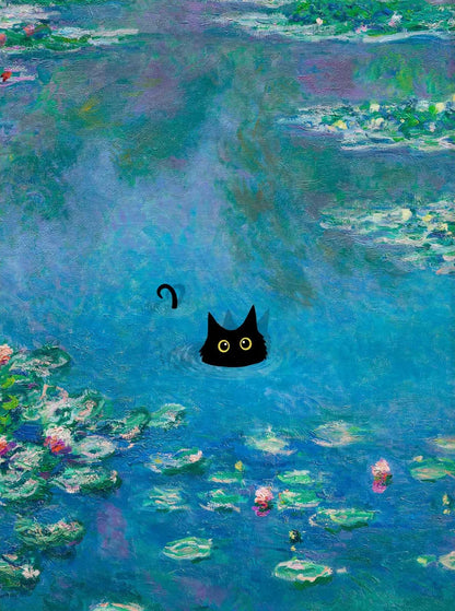 Monet Inspired Black Cat Canvas Painting | Wall Art for Cat Lovers