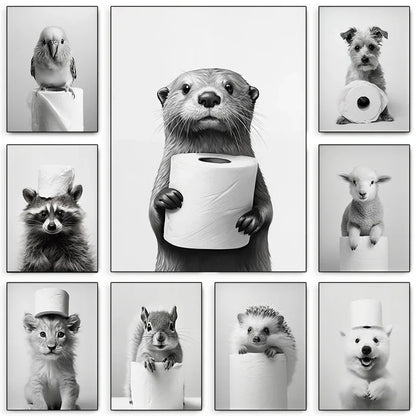 Cute Black and White Animal Poster Print |  Bathroom Wall Art for Animal Lovers