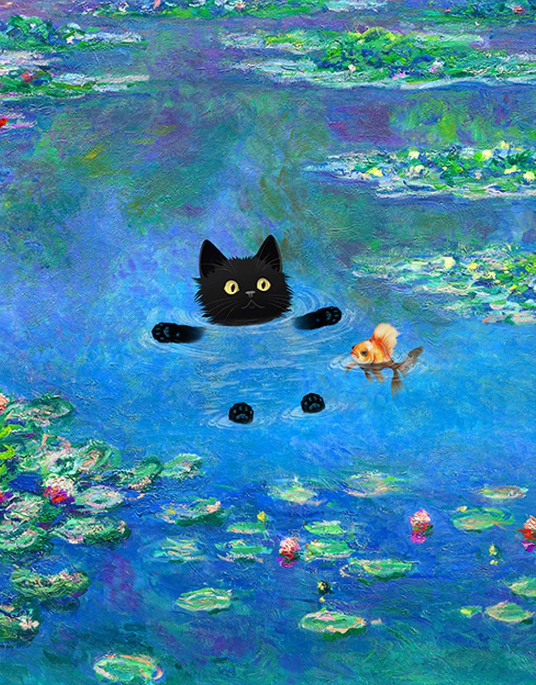 Monet Inspired Black Cat Canvas Painting | Wall Art for Cat Lovers