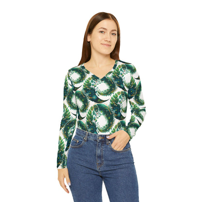 Bohemian Nature Print Long Sleeve V-Neck Shirt | Women's Eco-Friendly Floral Top that Supports Animal Welfare