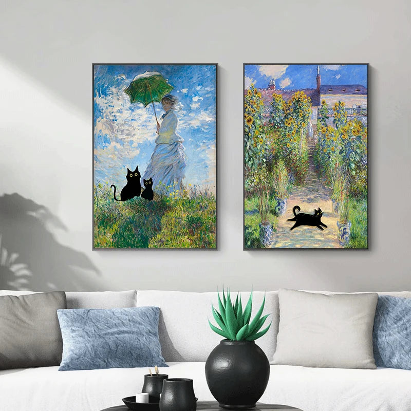 Monet Inspired Black Cat Canvas Painting | Wall Art for Cat Lovers
