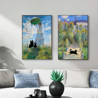 Monet Inspired Black Cat Canvas Painting | Wall Art for Cat Lovers