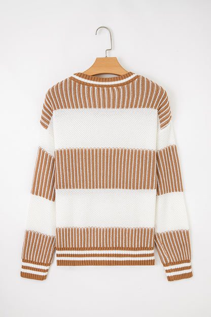 Khaki Two Tone Striped Patchwork Drop Shoulder Loose Sweater