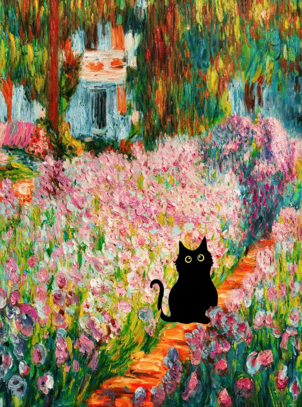Monet Inspired Black Cat Canvas Painting | Wall Art for Cat Lovers