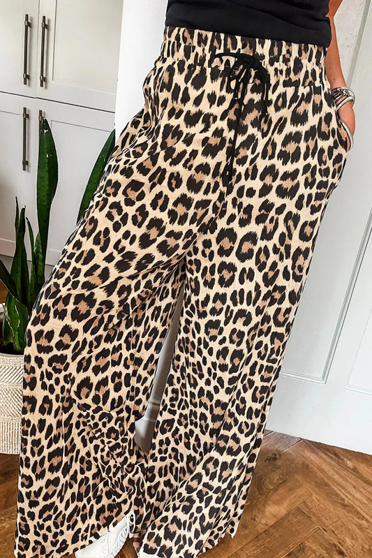 Parchment Leopard Drawstring Elastic Waistband Flowy Wide Leg Pants