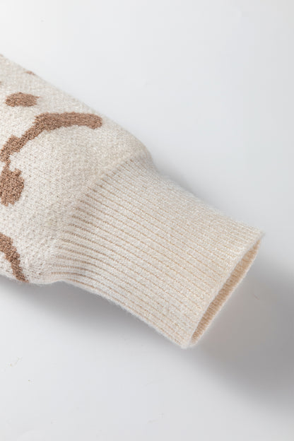 Beige Asymmetric Leopard Print Detail Drop Shoulder Sweater