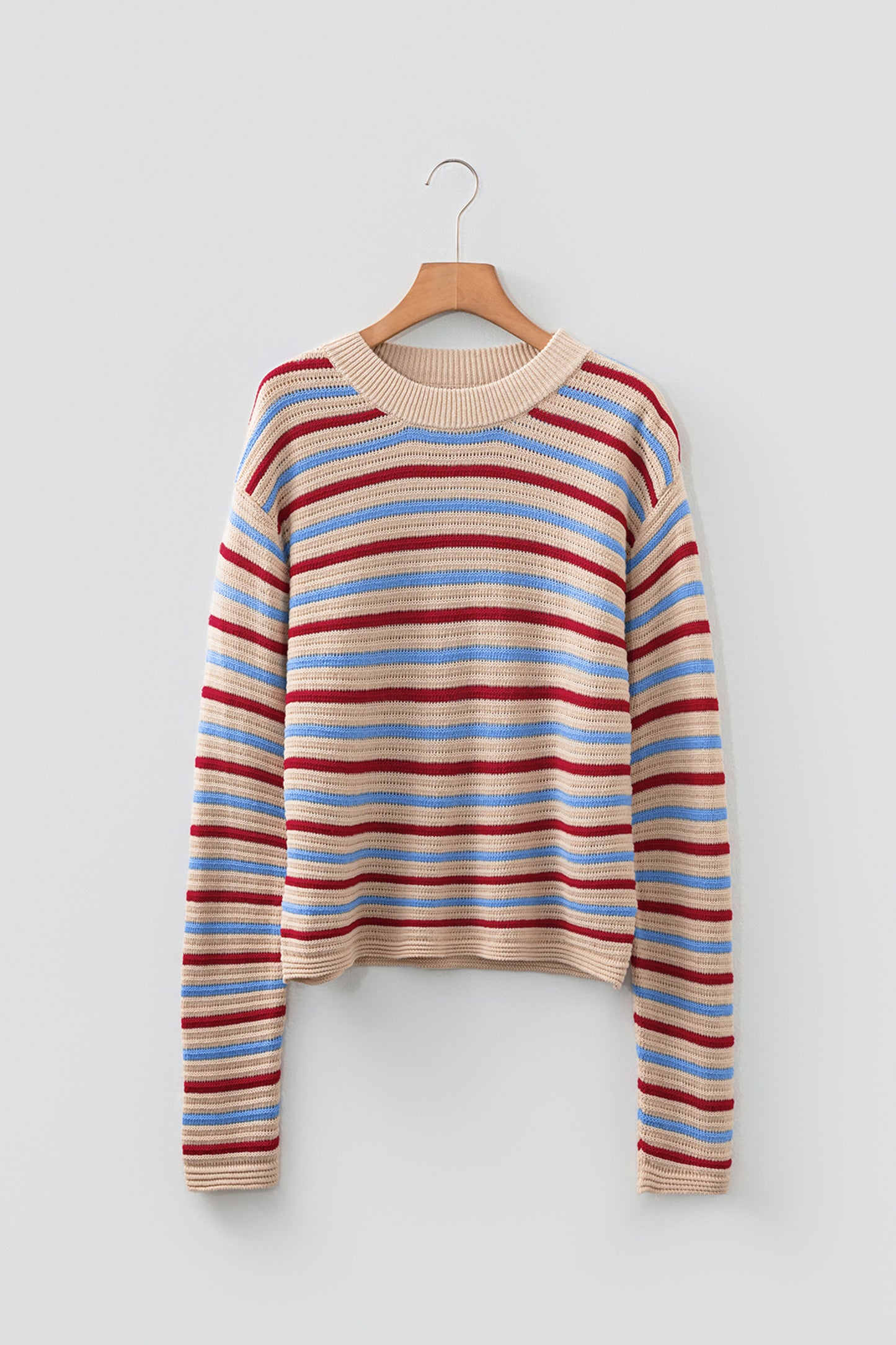 Khaki Stripe Drop Shoulder Cropped Long Sleeve Fall Sweater