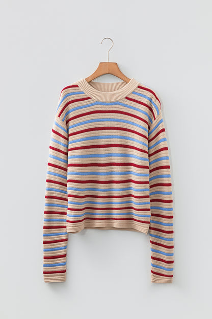 Khaki Stripe Drop Shoulder Cropped Long Sleeve Fall Sweater