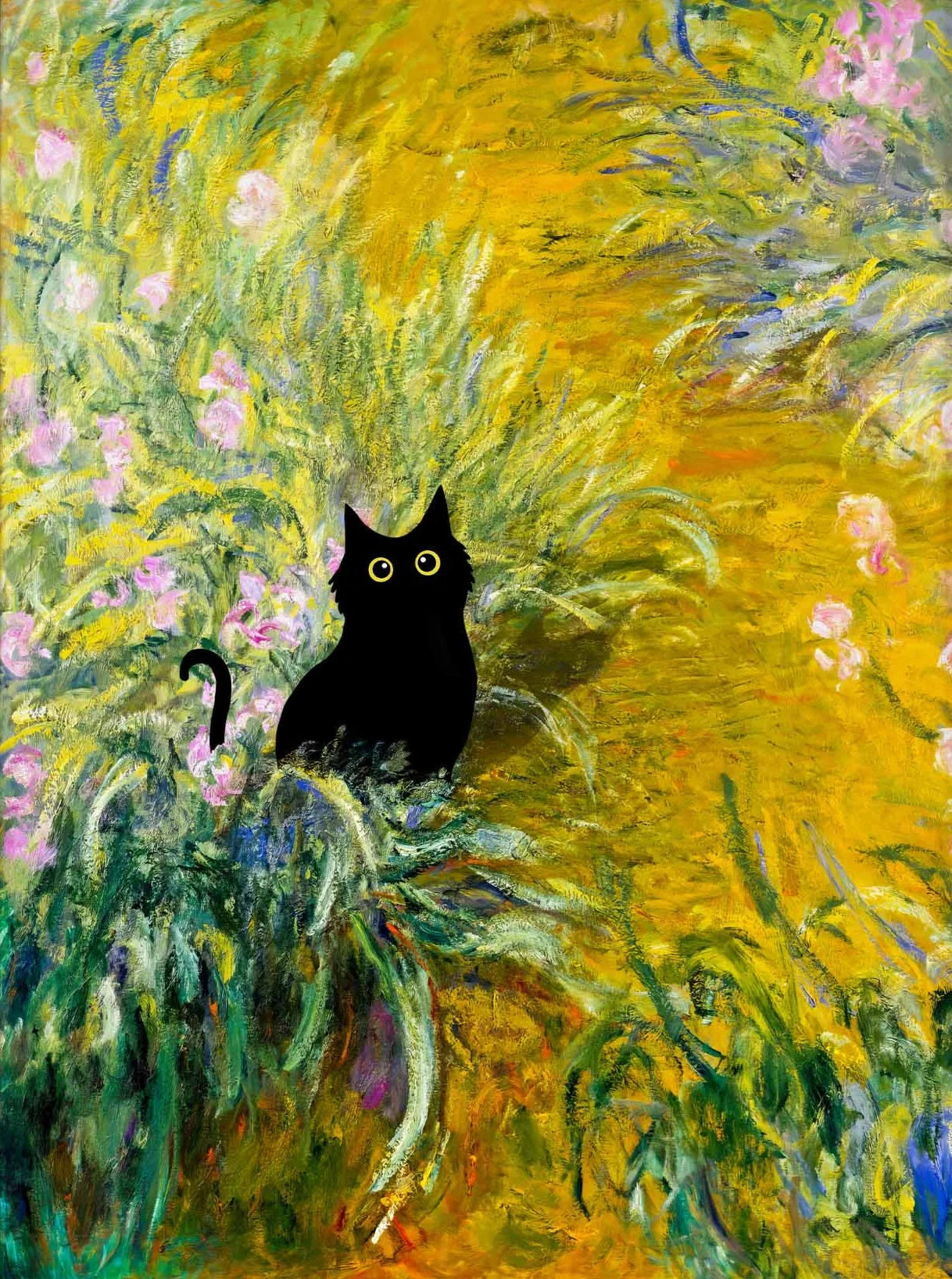 Monet Inspired Black Cat Canvas Painting | Wall Art for Cat Lovers