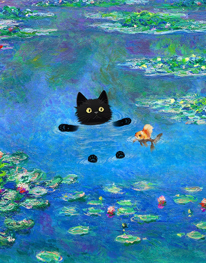 Monet Inspired Black Cat Canvas Painting | Wall Art for Cat Lovers