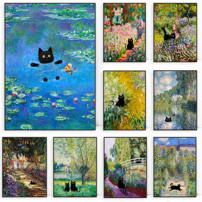 Monet Inspired Black Cat Canvas Painting | Wall Art for Cat Lovers