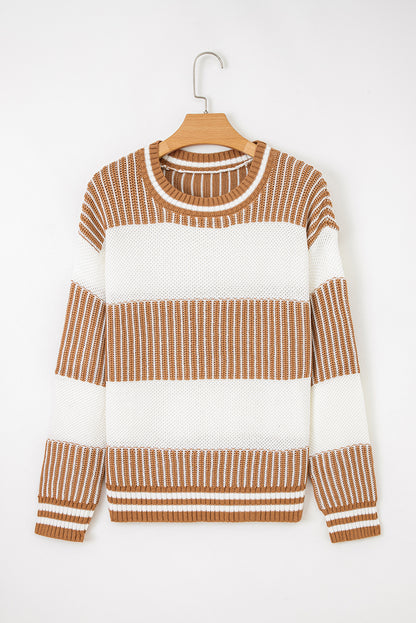Khaki Two Tone Striped Patchwork Drop Shoulder Loose Sweater