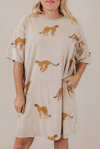 Apricot Cheetah Print Side Pockets T Shirt Mini Dress