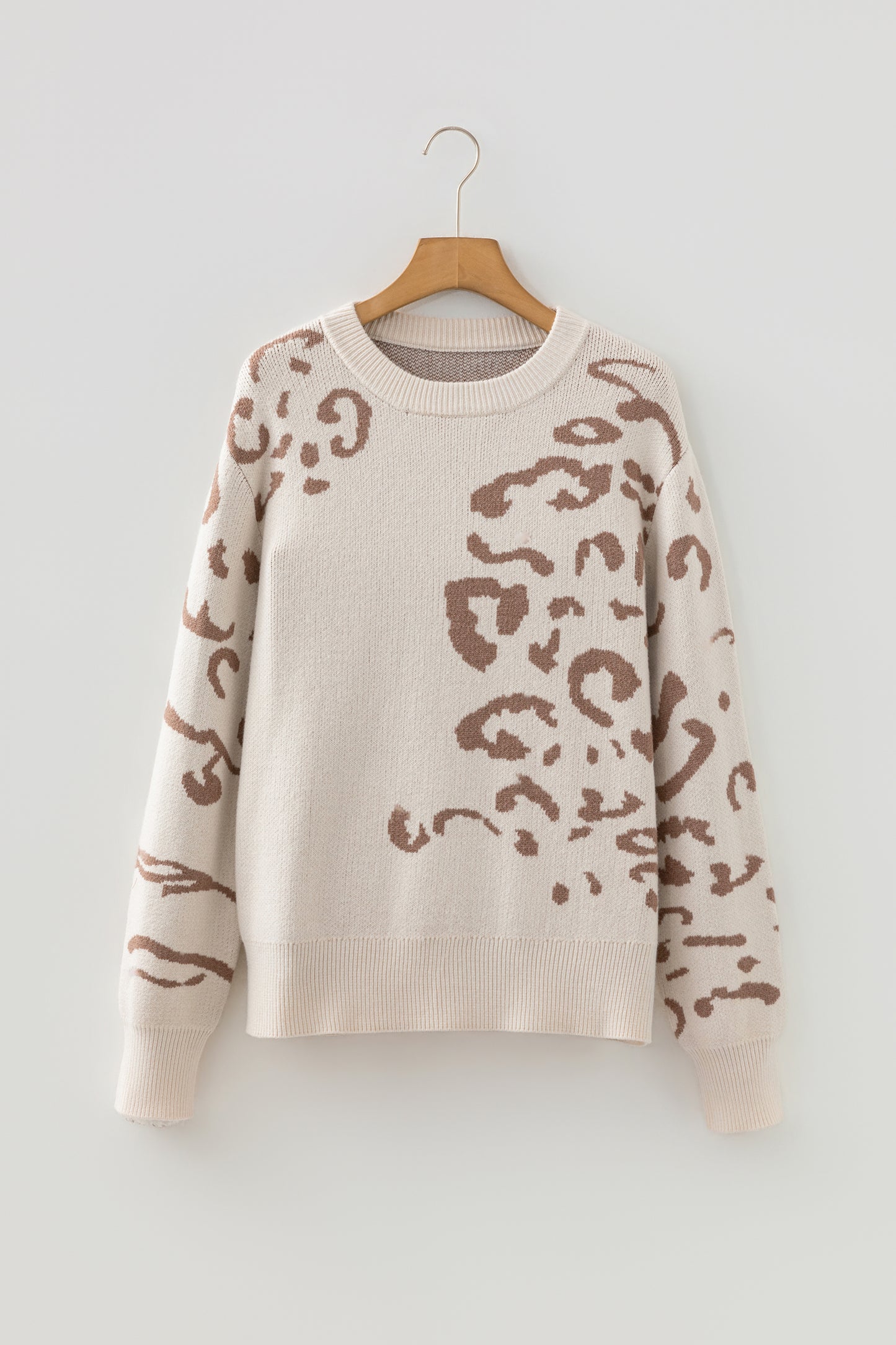 Beige Asymmetric Leopard Print Detail Drop Shoulder Sweater