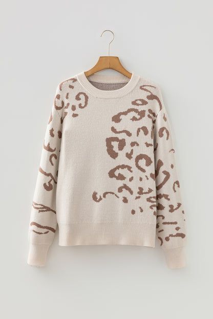 Beige Asymmetric Leopard Print Detail Drop Shoulder Sweater