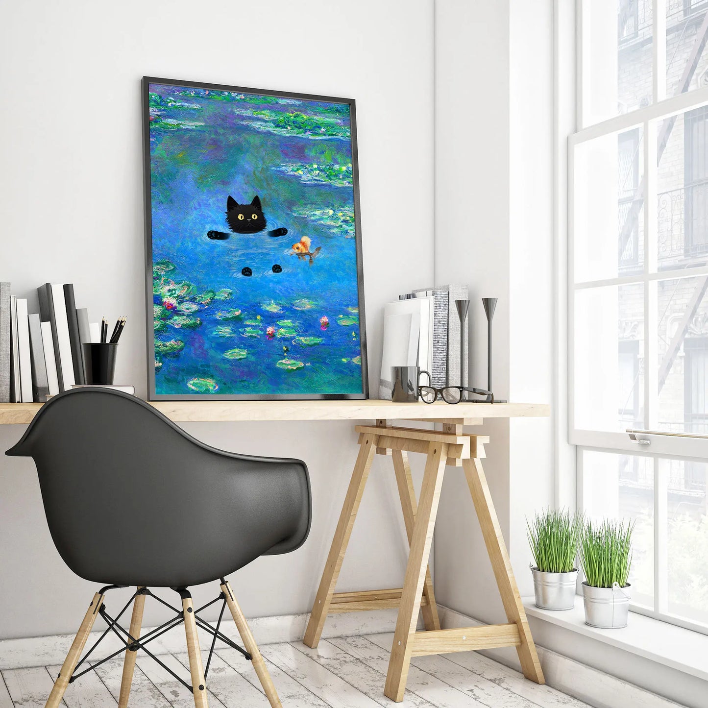 Monet Inspired Black Cat Canvas Painting | Wall Art for Cat Lovers